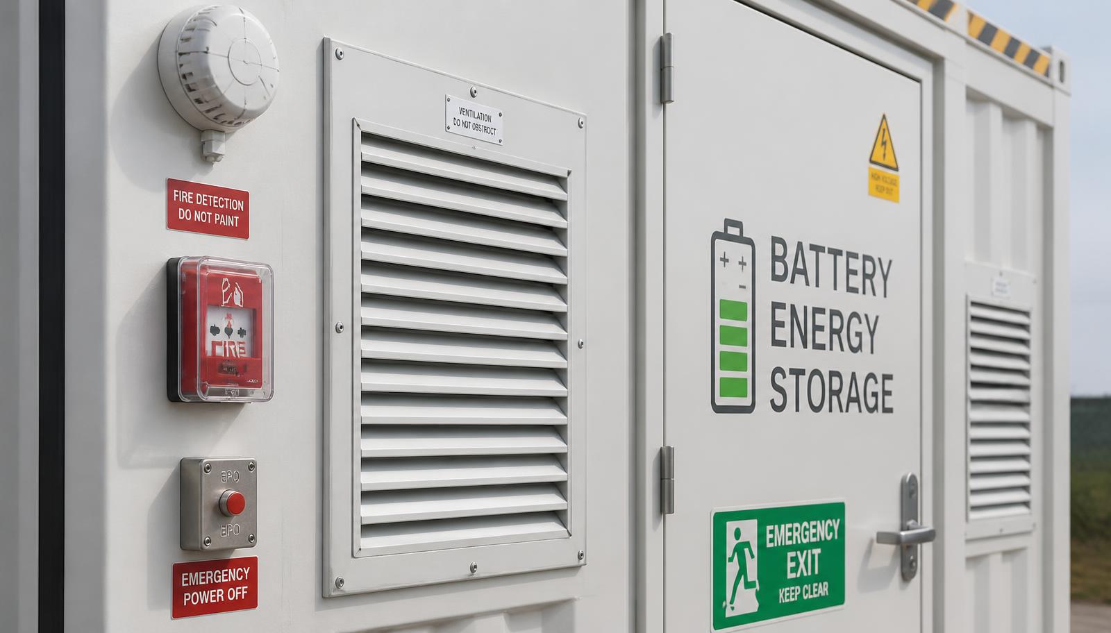 Branndeteksjon, nødstopp og ventilasjonspanel på en batterilagringscontainer
