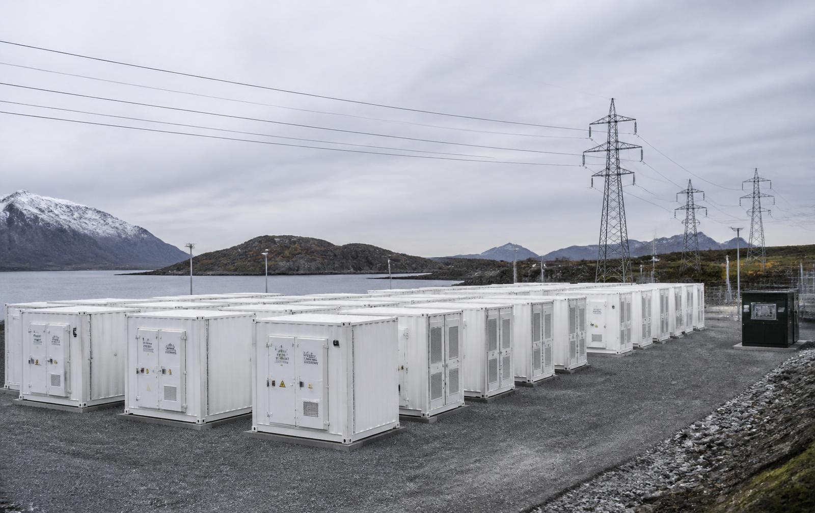 Batterilagringsanlegg med hvite containere ved norsk kystlandskap