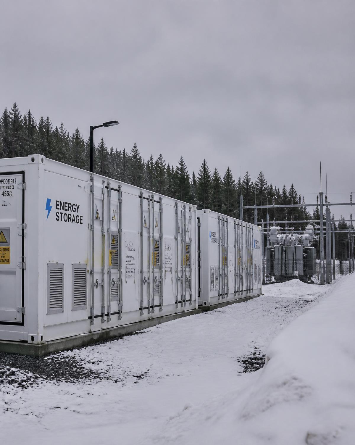 Batterilagringscontainere ved transformatorstasjon i norsk vinterlandskap